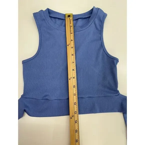 Shein Womens Tank Top Size Small Blue Ribbed Cropped Back Tie - Picture 10 of 13